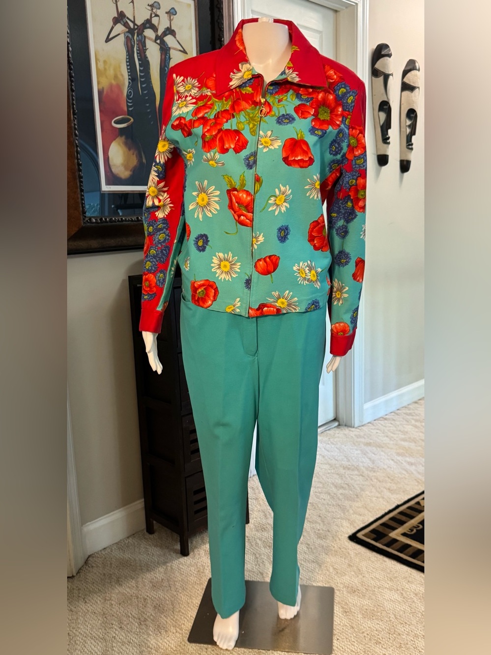 St. John Sport by Marie Gray Red Floral Zip Jacket with Teal Pants